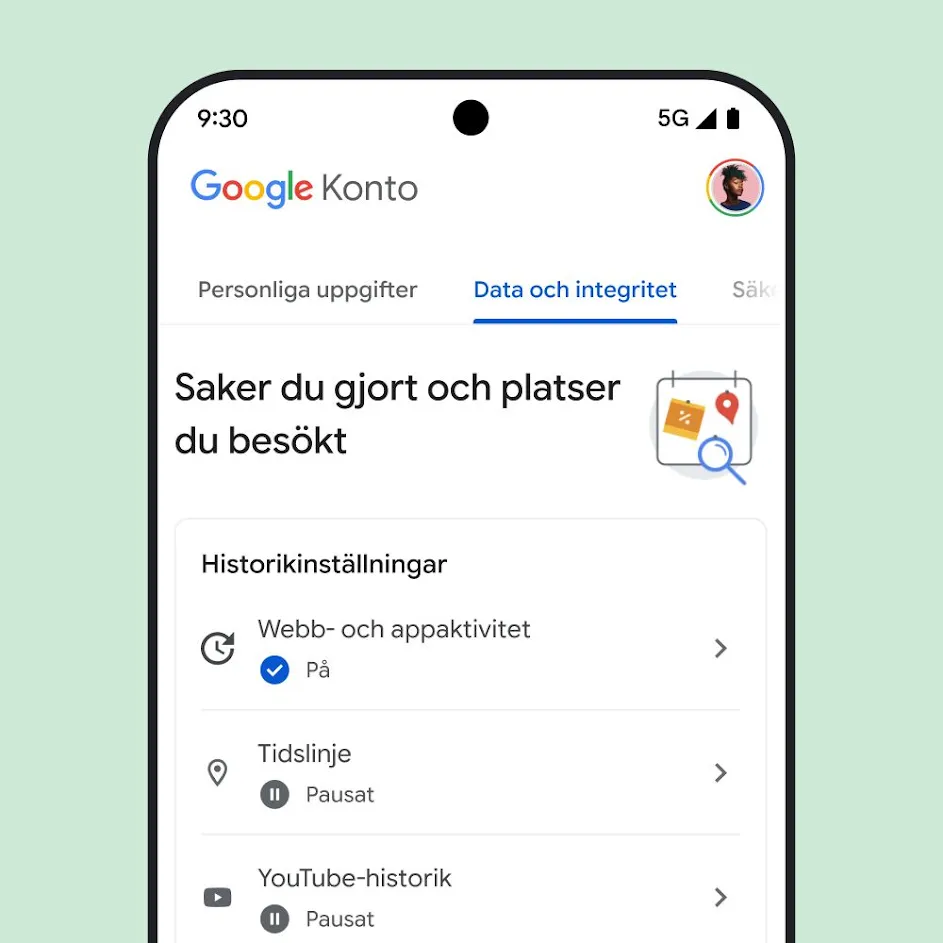 Bild på användargränssnittet för Mitt konto i Google.