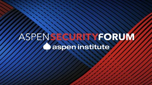 The official title card for the Aspen Security Forum. The text "ASPEN SECURITY FORUM" is displayed in white and red capital letters above the "aspen institute" logo. The background features a dynamic, modern pattern of overlapping diagonal lines in shades of blue and red.