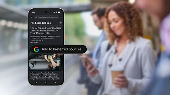 A smartphone showing a news article from "The Local Tribune" alongside an option to "Add to Preferred Sources"