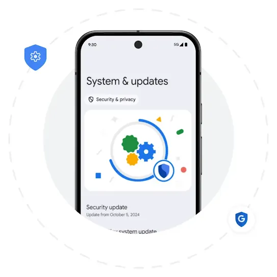 An Android screen shows  an example of the Systems and updates interface page. Behind the phone is a grey solid circle and a dashed circle right outside it. Two blue shield icons are scattered around the dashed circle.