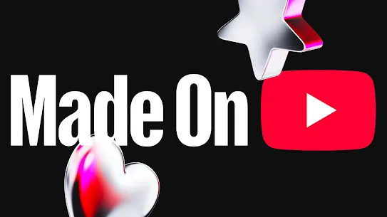 The text "Made On" next to the YouTube logo against a black background. Silver shapes, including a star and heart, float around the title.