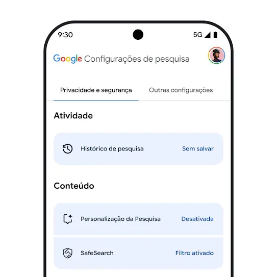 Imagem das configurações da Pesquisa Google na tela de um smartphone, incluindo o SafeSearch e as definições de histórico e de personalização.