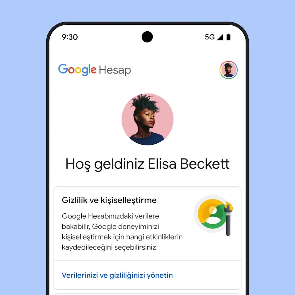 Gizlilik ve kişiselleştirme hakkındaki mesajların yanı sıra verilerinizi ve gizliliğinizi yönetmenizi sağlayan bir bağlantı içeren Google Hesabım kullanıcı arayüzünün resmi