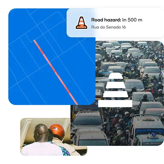 Waze for Cities dashboard graphic showing real-time road hazard alerts and heavy city traffic management