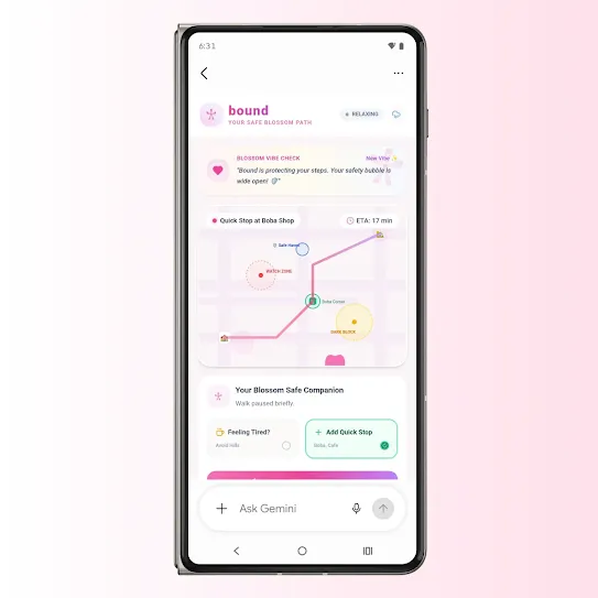 A Motorola Razr Fold screen shows a short demonstration for how the Bound app works. 