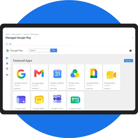 A tablet displaying the Managed Google Play store interface with a "Featured Apps" section showcasing various Google workspace icons.