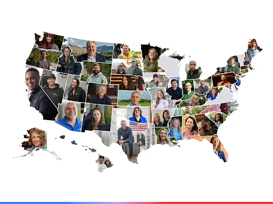A photomontage of dozens of diverse people's headshots and portraits, all contained within and creating the precise shape of a map of the United States, including Alaska and Hawaii, on a clean white background.