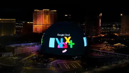The Sphere in Los Vegas at night featuring the words “Google Cloud Next”