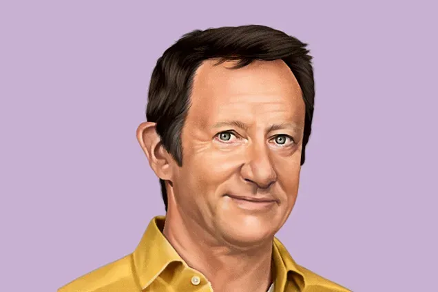 A digital illustration of Rodolphe Gelin, Lead AI Expert at Renault Group. He is shown with dark hair and blue eyes, wearing a yellow collared shirt against a light purple background. Part of the AI Innovation in the EU report series.