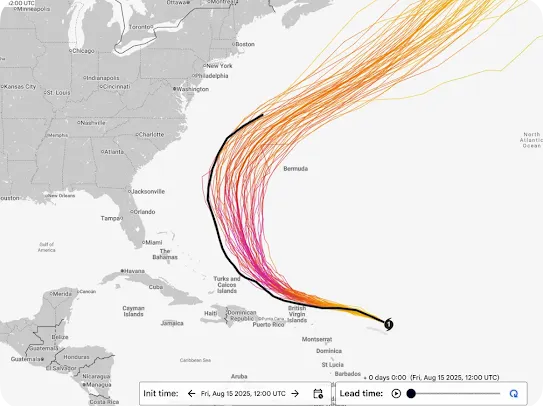 A WeatherNext weather model interface displaying advanced tracking paths for a hurricane in the North Atlantic Ocean. Spanning from near the Caribbean up toward Bermuda and the US East Coast, the map visualizes an ensemble forecast with numerous curved trajectory lines shifting from yellow and orange to pink, alongside a thick black line tracing the primary predicted path.