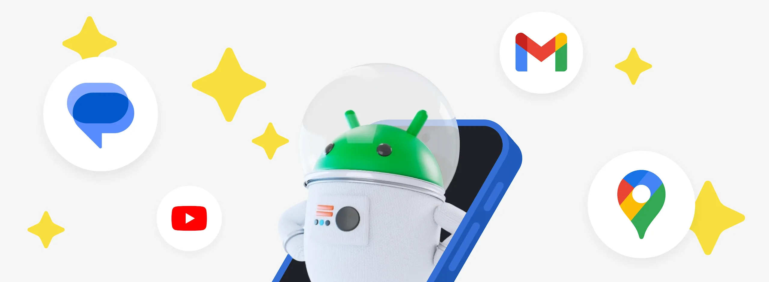 A green Android bot is dressed as an astronaut coming out of a phone screen. Emoji stars and Google icons float around it. 
