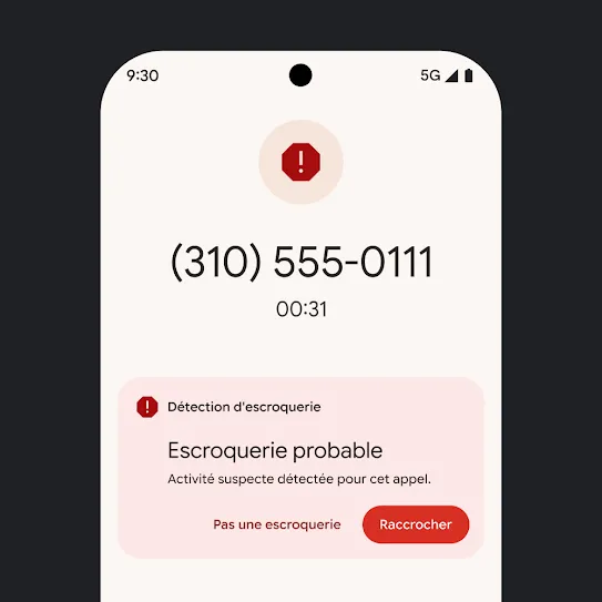 Image de l'écran d'accueil d'un smartphone Pixel affichant une notification indiquant qu'un appel indésirable a été automatiquement refusé.