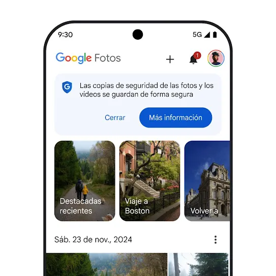 Imagen de la pantalla de un smartphone con Google Fotos abierto, en la que se muestra un mensaje de seguridad que dice "Las copias de seguridad de las fotos y los vídeos se guardan de forma segura" con un enlace para obtener más información.