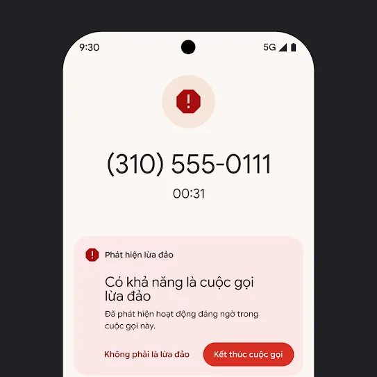Hình ảnh màn hình chính của điện thoại thông minh Pixel đang hiển thị thông báo về một cuộc gọi làm phiền tự động bị từ chối.
