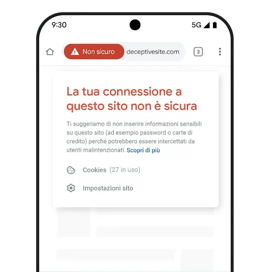 Uno smartphone con una notifica di connessione non sicura.