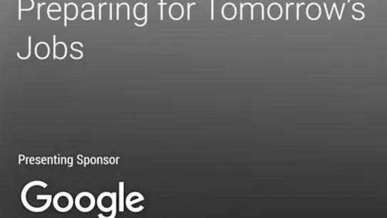 Event title graphic on a dark gray gradient background reading "AI and the Workforce: Preparing for Tomorrow's Jobs" with Google listed as the Presenting Sponsor. Small footer text notes the session was created by Custom Events from WSJ, a unit of The Wall Street Journal advertising department.