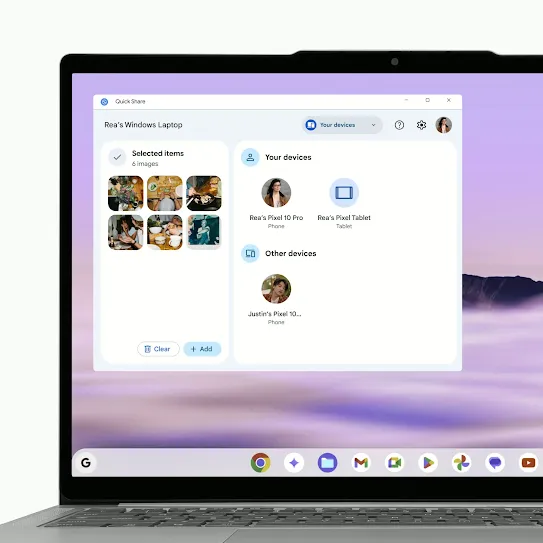 Một đoạn video ngắn cho thấy thao tác chọn điện thoại Android trên máy tính xách tay để gửi tệp và hiển thị quá trình chuyển đã hoàn tất.