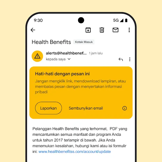 Visual email di Gmail pada layar smartphone, yang menampilkan notifikasi keamanan terkait potensi upaya phishing.