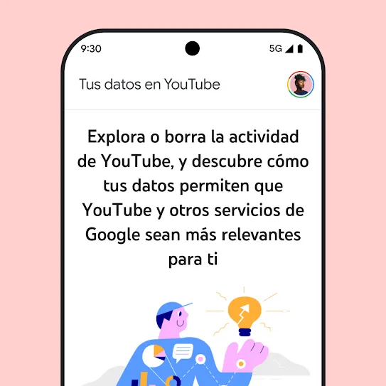 Imagen de la pantalla de un smartphone con YouTube abierto. En ella, se muestra un mensaje informativo sobre “Tus datos en YouTube”, que incluye detalles sobre la exploración y la eliminación del historial de actividad.