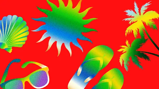 A brightly colored illustration showing a shell, flip flops, a sun, palm trees, and sunglasses in bright greens, yellows, and blues over top of a red background.