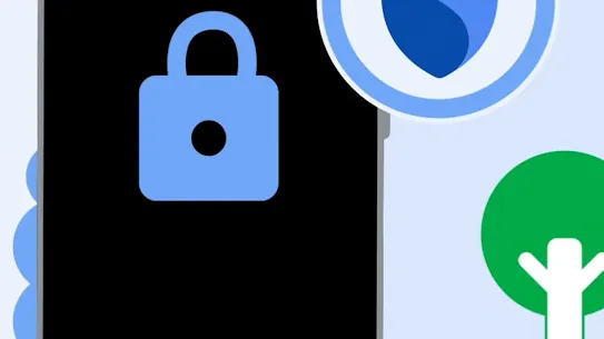 An illustration of an android with a padlock, next to the Safer with Google shield 
