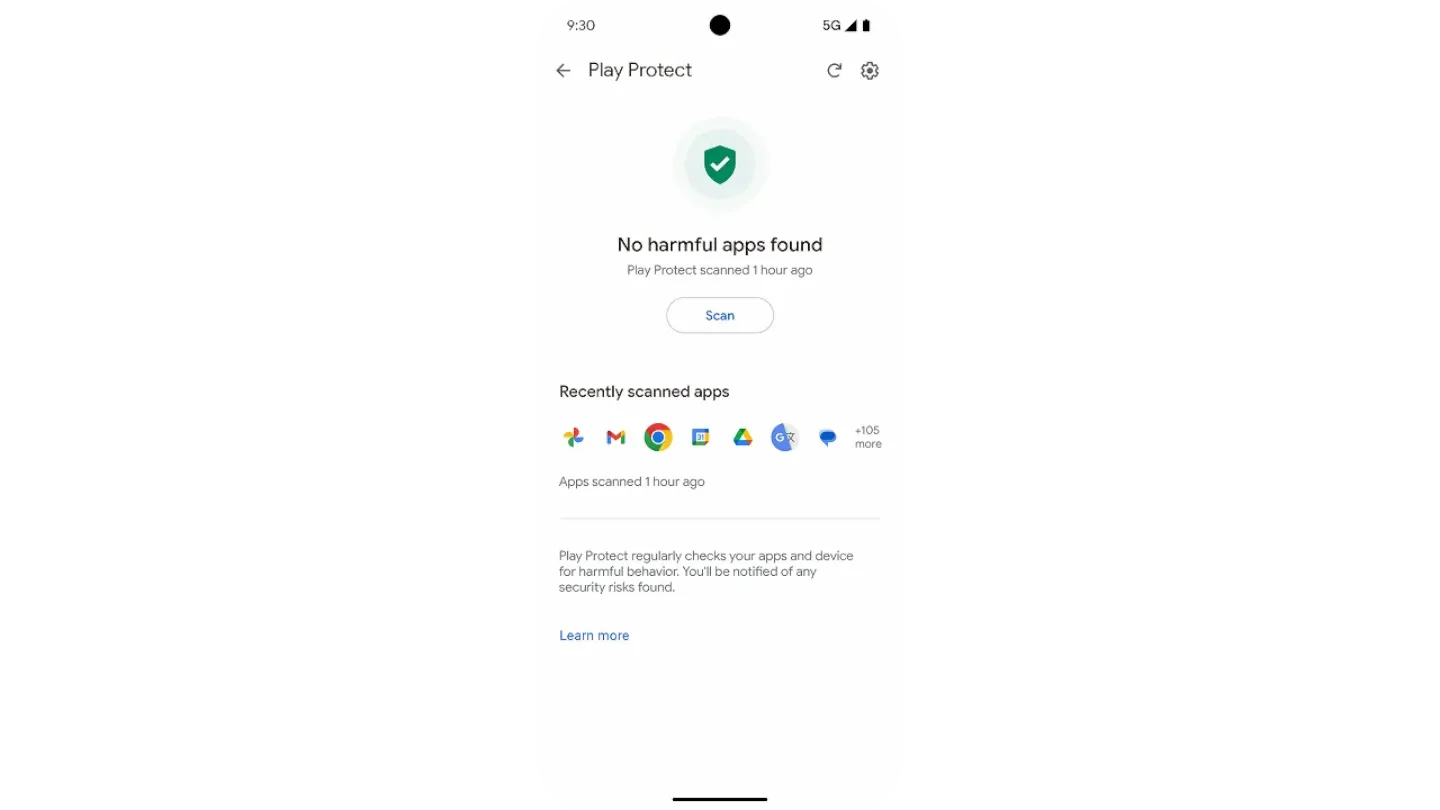 Print screen showing the interface of Play Protect displaying the result of a scan on the phone with no harmful apps detected.