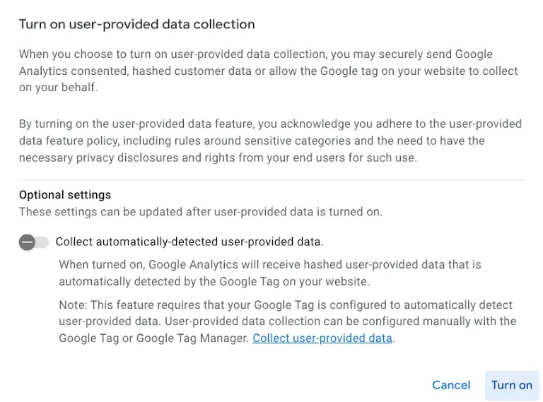 Turn on user-provided data collection