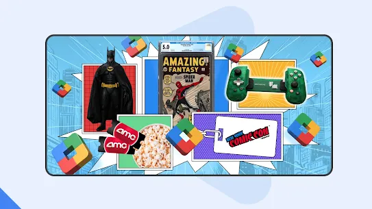 A collage featuring a selection of pop culture prizes including a New York Comic-Con pass, AMC movie tickets , a comic book, and a mobile gaming controller