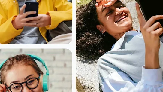 Collage of images showing teenagers using devices like phones and tablets