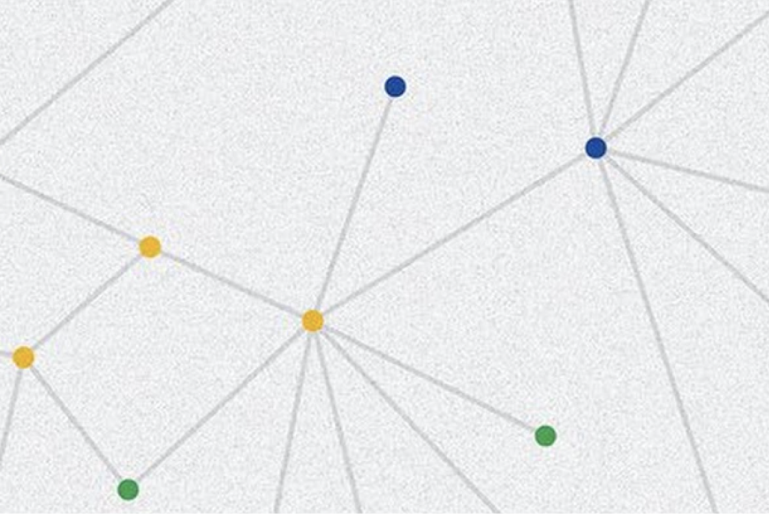 Abbildung von bunten Punkten auf grauem Hintergrund, die durch Linien verbunden sind