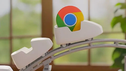 A 3D Google Chrome logo sitting in a small white cart on a miniature roller coaster track.