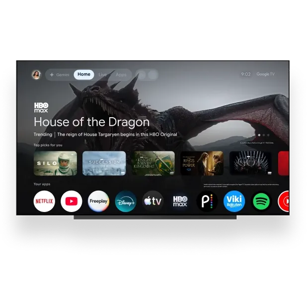TV displaying the Google TV user interface Home screen.