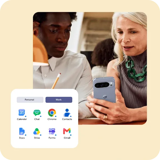 Two people looking at a silver smartphone together, featuring an overlaid digital interface that shows "Personal" and "Work" tabs above a grid of Google app icons.