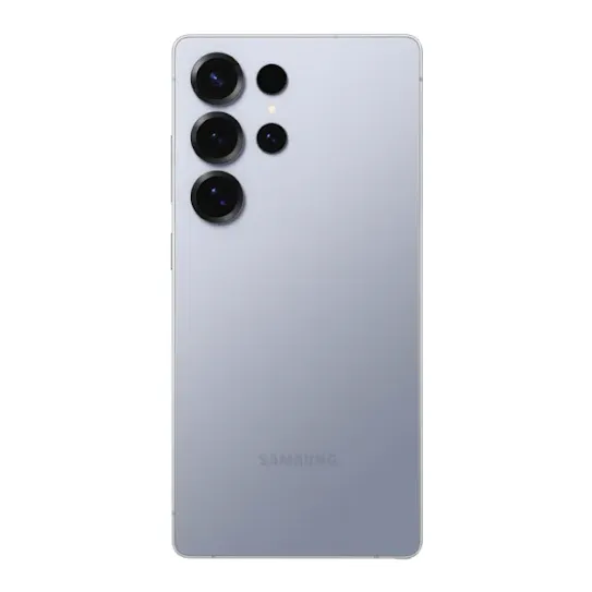 The Samsung Galaxy S25 Ultra flips from back to front, revealing its home screen. The Google search bar animates out with a colorful overlay. It reads: “Ask Google Gemini.” The phone then flips back around.