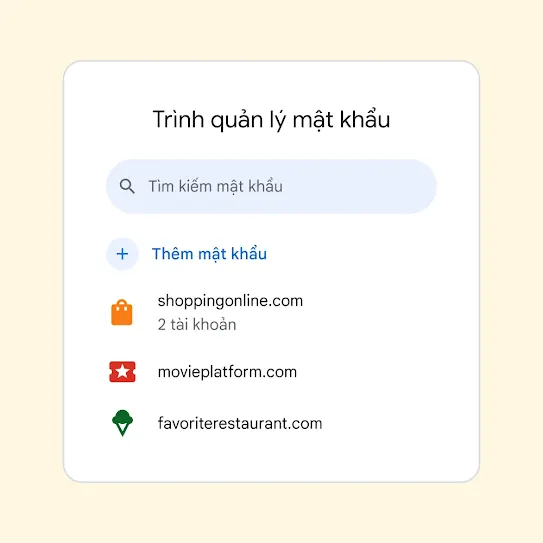 Giao diện Trình quản lý mật khẩu có trường "Tìm kiếm mật khẩu" nằm trên đường liên kết đến mục "Thêm mật khẩu".