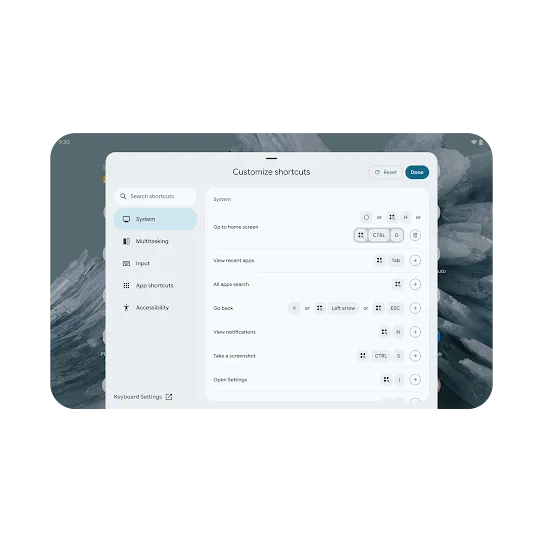 A user is setting a custom keyboard shortcut to go to the home screen on a tablet. The custom shortcut is activated by pressing the Action key, the Control key and the D key.