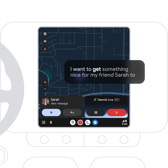 Speaking with Gemini through the Android Auto display screen to brainstorm housewarming gift ideas for a friend.