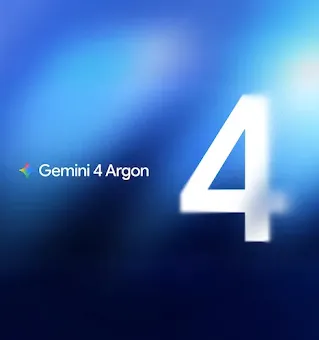 Blue background graphic displaying the Gemini sparkle logo, "Gemini 4 Argon" text, and a large white number 4.