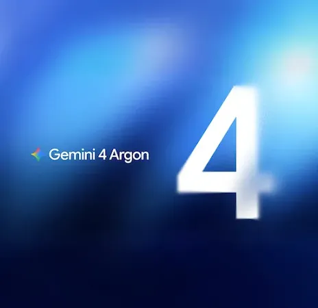 Blue background graphic displaying the Gemini sparkle logo, "Gemini 4 Argon" text, and a large white number 4.