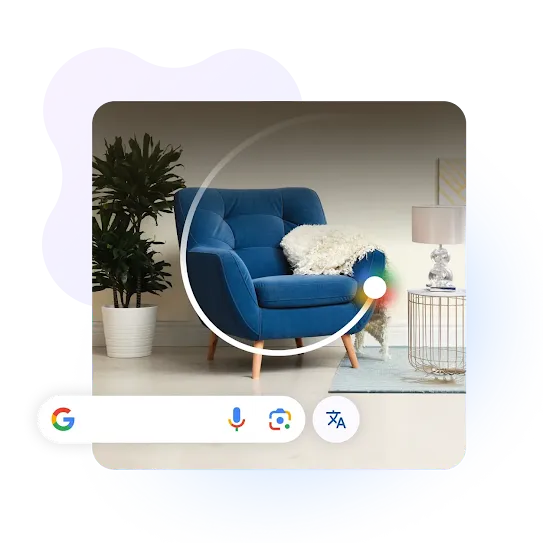 A picture of a living space is overlaid with the Google Circle to Search bar and a circle around a blue love seat.