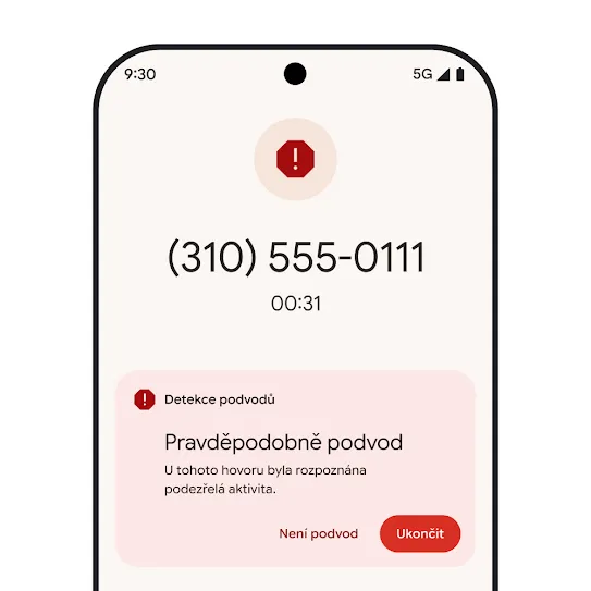 Vizualizace plochy chytrého telefonu Pixel s oznámením o automaticky odmítnutém spamovém volání.