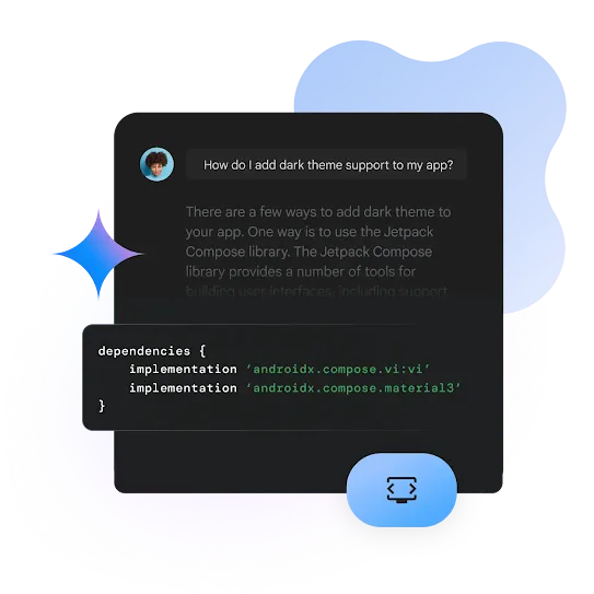 An interface featuring a dark mode chat window where a user asks, "How do I add dark theme support to my app?" The AI response suggests using the Jetpack Compose library and provides a code snippet showing dependencies for androidx.compose.ui:ui and androidx.compose.material3. A blue circular icon with a code bracket symbol is located at the bottom right.