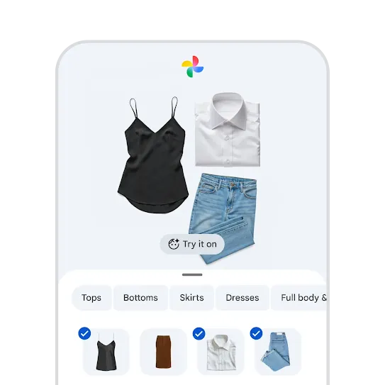 Selecting items of clothing to create an outfit, and trying it on virtually in Google Photos wardrobe on an Android phone.