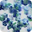 An abstract 3D digital illustration featuring clusters of small cubes and spheres in shades of blue, teal, and green, arranged in a pixelated, data-driven geometric pattern against a light grey background.