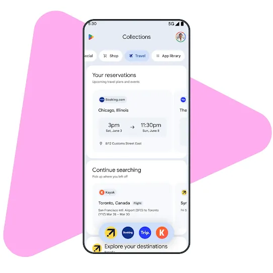 A phone screen displays the new Travel category in Play Store Collections, showing personalized trip details and recommendations for destinations, bookings, and recent searches