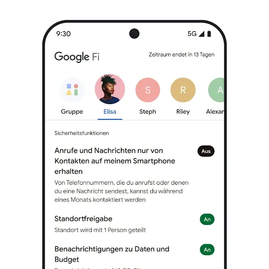 Ein Smartphone-Display mit geöffneter Google Fi Wireless App. Oben sind Kontakte zu sehen, darunter eine Liste mit Sicherheitsfunktionen wie Standortfreigabe und Datenwarnungen.