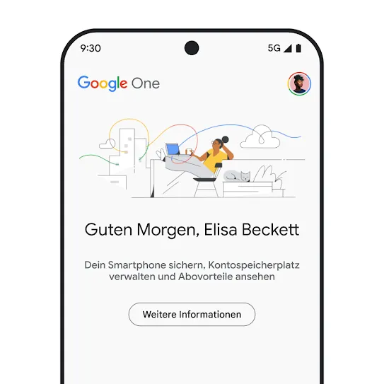 Bild eines Smartphone-Displays mit Google One App, einer persönlichen Willkommensnachricht und einer Information zum Kontospeicherplatz, einschließlich Smartphone-Backups und Mitgliedervorteilen, mit einem Link zu weiteren Informationen
