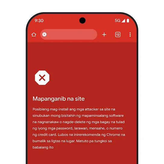 Visual ng screen ng smartphone na gumagamit ng Chrome browser, na nagpapakita ng alerto tungkol sa isang mapanganib na site, kasama ang mga inirerekomendang susunod na hakbang at link para matuto pa tungkol sa babalang ito. 