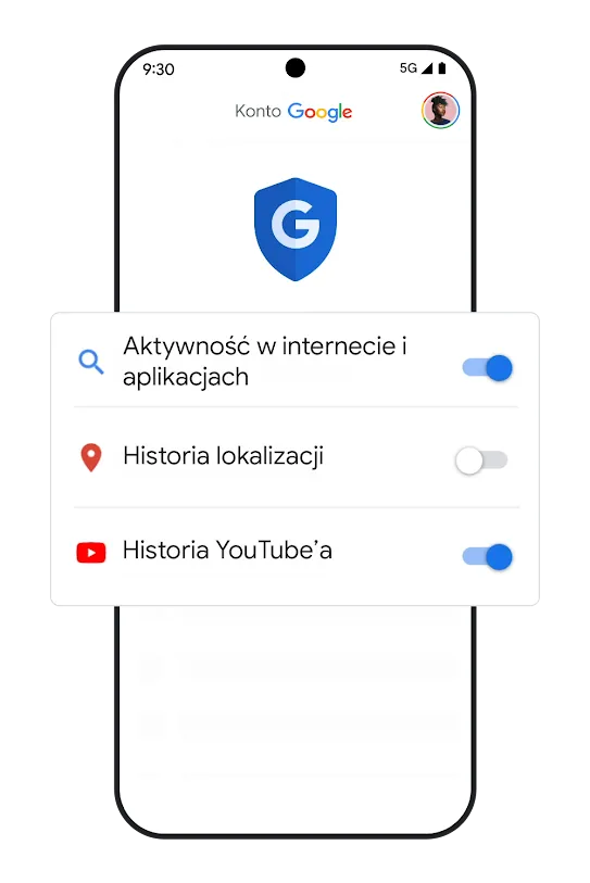 Grafika przedstawiająca telefon z przełącznikami ustawień historii.