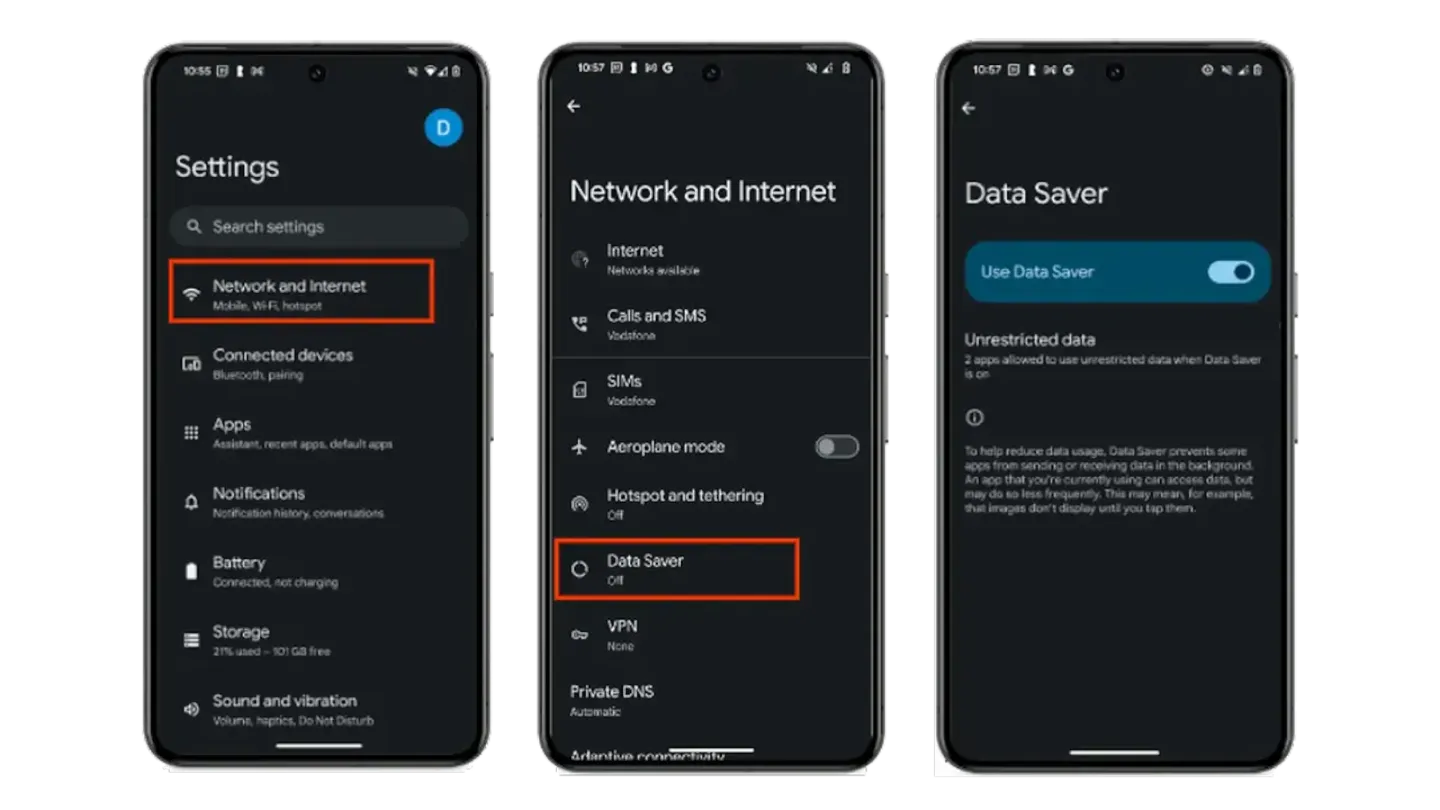 Steps for setting up Data Saver.